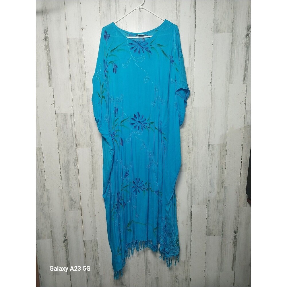 Patricia Women's One Size Blue Embroidered Kaftan With Fringe